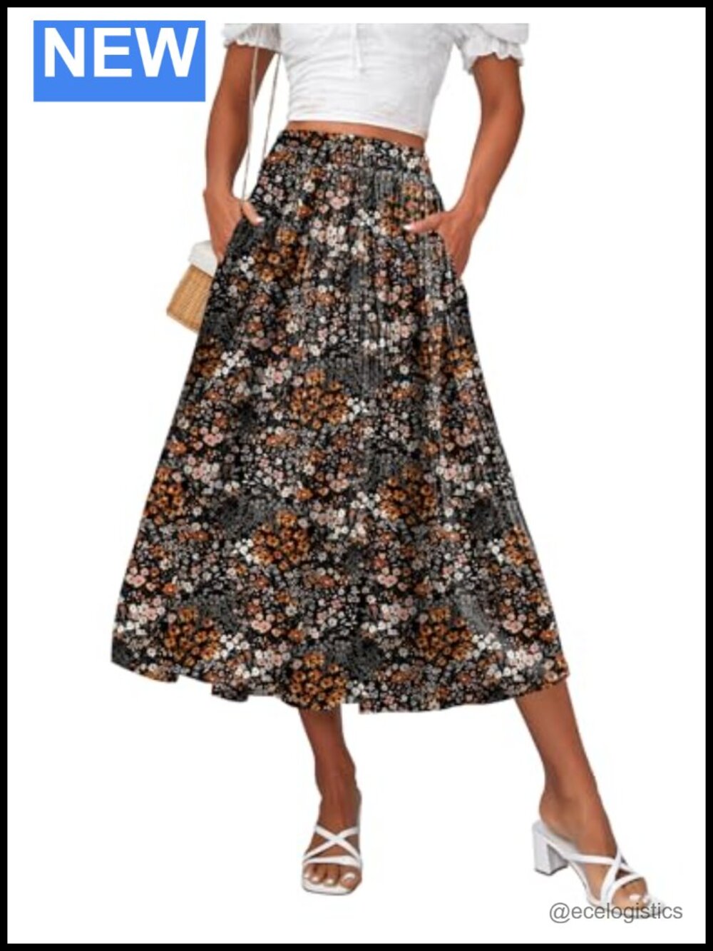 Women's High Waist Pleated Midi Skirt A-Line with Pockets